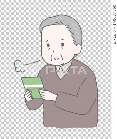 通帳を見てため息をつく高齢男性 通帳を見てため息をつく高齢男性 140027560