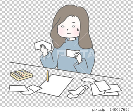 A woman despairs over organizing receipts for her tax return. A woman despairs over organizing receipts for her tax return. 140027695