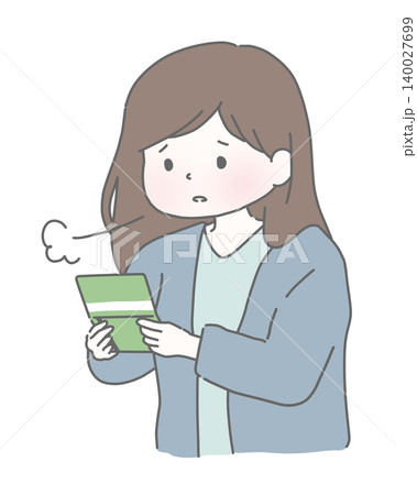 通帳を見てため息をつく女性  140027699