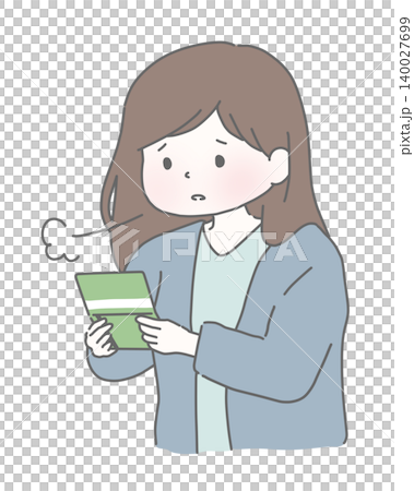 通帳を見てため息をつく女性  140027699