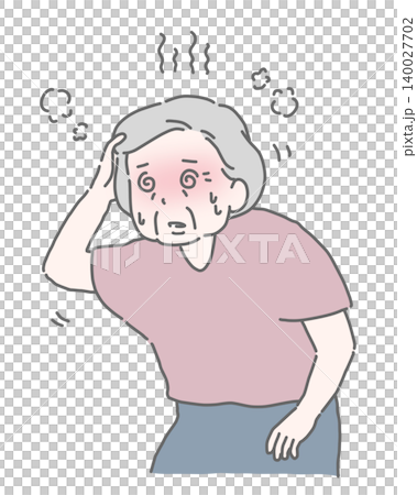 An elderly woman is experiencing dizziness due to heatstroke. 140027702