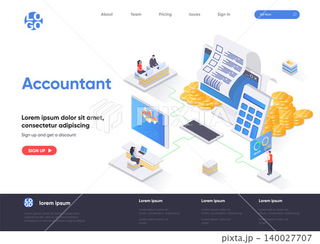 Accountant isometric landing page. Business accounting and financial statements, payment balance and taxes isometry web page. Website flat template, vector illustration with people characters. Accountant isometric landing page. Business accounting and financial statements, payment balance and taxes isometry web page. Website flat template, vector illustration with people characters. 140027707