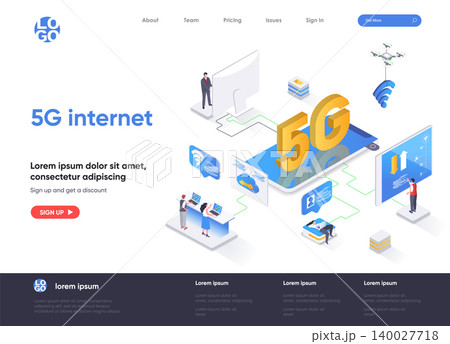 5G internet isometric landing page. Mobile telecommunication, 5G generation technology standard, cellular networks isometry web page. Website flat template, vector illustration with people characters. 5G internet isometric landing page. Mobile telecommunication, 5G generation technology standard, cellular networks isometry web page. Website flat template, vector illustration with people characters. 140027718