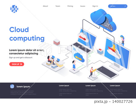 Cloud computing isometric landing page. Hosting platform, big data processing, cloud database administration isometry web page. Website flat template, vector illustration with people characters. 140027726