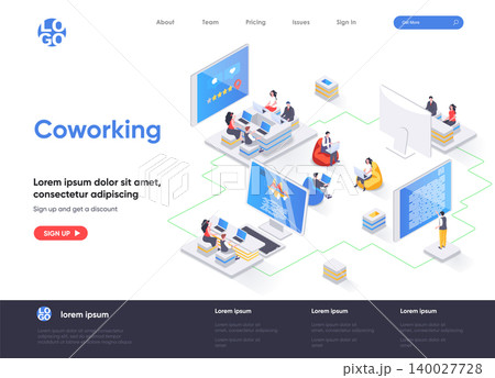 Coworking space isometric landing page. Freelancers working with laptops, business team together in coworking area isometry web page. Website flat template, vector illustration with people characters. 140027728