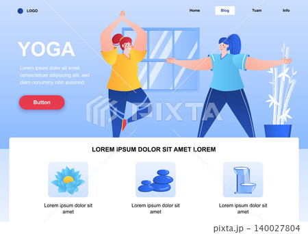 Yoga flat landing page. Young women practicing yoga asanas web page. Colorful composition with people characters, vector illustration. Calmness and relax, sports activities and wellness concept. Yoga flat landing page. Young women practicing yoga asanas web page. Colorful composition with people characters, vector illustration. Calmness and relax, sports activities and wellness concept. 140027804