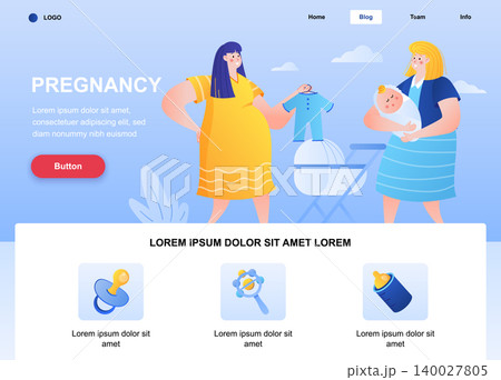 Pregnancy flat landing page. Pregnant woman and young mom with baby web page. Colorful composition with people characters, vector illustration. Motherhood and childhood, prenatal expectation concept Pregnancy flat landing page. Pregnant woman and young mom with baby web page. Colorful composition with people characters, vector illustration. Motherhood and childhood, prenatal expectation concept 140027805