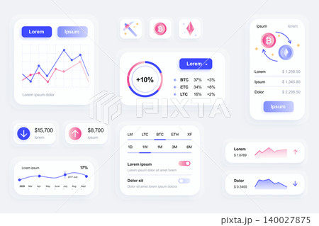GUI elements for cryptocurrency mobile app. Cryptocurrency mining, exchange and stock trading user interface generator. Unique ui ux design kit vector illustration. Navigation and graphs components. 140027875