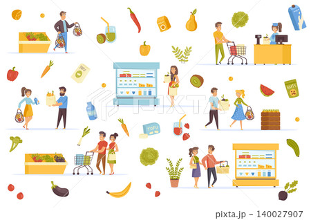 Vegan food bundle of flat scenes. People buying eco products in shop isolated set. Fresh fruits and vegetables, dairy products, buyers with bags elements. Healthy food cartoon vector illustration. 140027907