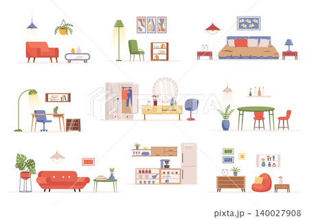 Home furniture bundle of flat scenes. Bedroom, kitchen and dining room isolated set. Table, chair, sofa, armchair, bed, lamp, wardrobe, mirror elements. House interiors cartoon vector illustration. Home furniture bundle of flat scenes. Bedroom, kitchen and dining room isolated set. Table, chair, sofa, armchair, bed, lamp, wardrobe, mirror elements. House interiors cartoon vector illustration. 140027908