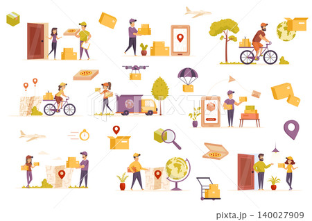 Delivery service bundle of flat scenes. Couriers holding parcels isolated set. Smartphone with app, deliveryman carrying boxes, transport elements. Express delivery at home cartoon vector illustration Delivery service bundle of flat scenes. Couriers holding parcels isolated set. Smartphone with app, deliveryman carrying boxes, transport elements. Express delivery at home cartoon vector illustration 140027909