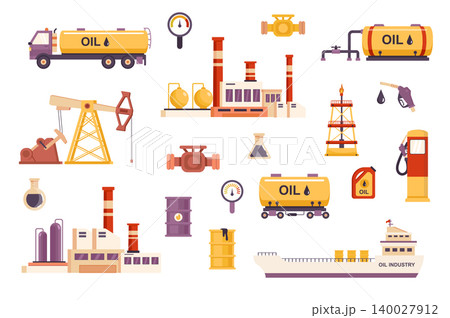 Oil industry bundle of flat scenes. Fuel production isolated set. Drilling rig, factory, oil tanker ship, fuel truck, tank car, pumpjack, gas station, barrel elements. Cartoon vector illustration. Oil industry bundle of flat scenes. Fuel production isolated set. Drilling rig, factory, oil tanker ship, fuel truck, tank car, pumpjack, gas station, barrel elements. Cartoon vector illustration. 140027912