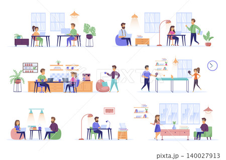 Coworking space bundle of flat scenes. Open office workplace isolated set. Freelancer, developer, desk, computer, window, ping pong game elements. Modern workspace area cartoon vector illustration. Coworking space bundle of flat scenes. Open office workplace isolated set. Freelancer, developer, desk, computer, window, ping pong game elements. Modern workspace area cartoon vector illustration. 140027913