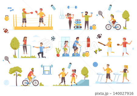 Sports activities bundle of flat scenes. Fitness and outdoor workout isolated set. Boxer, cyclist, runner, treadmill, roller skates, barbell, gym, baseball player elements. Cartoon vector illustration Sports activities bundle of flat scenes. Fitness and outdoor workout isolated set. Boxer, cyclist, runner, treadmill, roller skates, barbell, gym, baseball player elements. Cartoon vector illustration 140027916