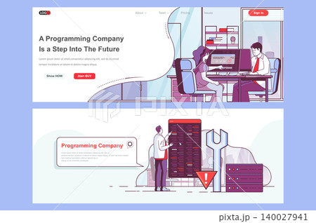Programming company landing pages set. Software engineering and development team corporate website. Flat line vector illustration with people. Web concept use as header, footer or middle content. 140027941