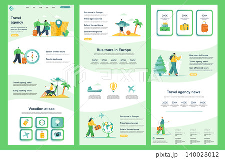 Travel agency flat landing page. Summertime beach vacation, tour operator corporate website design. Web banner template with header, middle content, footer. Vector illustration with people characters. 140028012