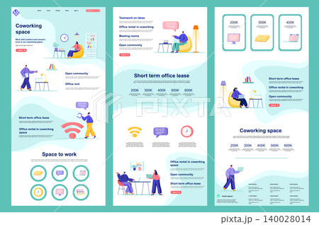 Coworking space flat landing page. Freelancers workspace, creative collaboration space corporate website. Web banner with header, middle content, footer. Vector illustration with people characters. Coworking space flat landing page. Freelancers workspace, creative collaboration space corporate website. Web banner with header, middle content, footer. Vector illustration with people characters. 140028014