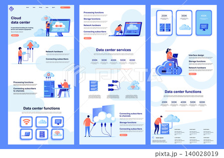 Cloud data center flat landing page. Database storage, online computing resources corporate website design. Web banner with header, middle content, footer. Vector illustration with people characters. Cloud data center flat landing page. Database storage, online computing resources corporate website design. Web banner with header, middle content, footer. Vector illustration with people characters. 140028019