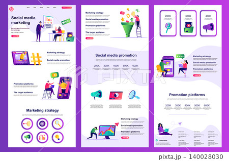 Social media marketing flat landing page. Marketing strategy, promotion platform corporate website design. Web banner with header, middle content, footer. Vector illustration with people characters. 140028030