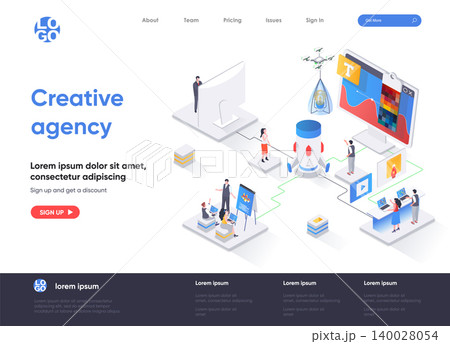 Creative agency isometric landing page. Creative design workshop isometry concept. Professional branding, creativity and ideas visualization flat web page. Vector illustration with people characters. Creative agency isometric landing page. Creative design workshop isometry concept. Professional branding, creativity and ideas visualization flat web page. Vector illustration with people characters. 140028054