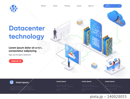 Data center technology isometric landing page. Internet hosting service isometry concept. Data center computing and networking equipment flat web page. Vector illustration with people characters. Data center technology isometric landing page. Internet hosting service isometry concept. Data center computing and networking equipment flat web page. Vector illustration with people characters. 140028055