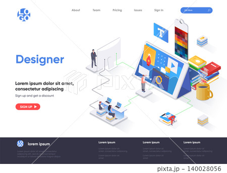 Designer isometric landing page. Website development, UI UX design isometry concept. Professional branding, creativity and ideas visualization flat web page. Vector illustration with people characters Designer isometric landing page. Website development, UI UX design isometry concept. Professional branding, creativity and ideas visualization flat web page. Vector illustration with people characters 140028056