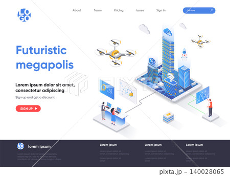 Futuristic megapolis isometric landing page design. Modern architecture and digital technologies isometry concept. Smart city, urban hitech flat web page. Vector illustration with people characters. Futuristic megapolis isometric landing page design. Modern architecture and digital technologies isometry concept. Smart city, urban hitech flat web page. Vector illustration with people characters. 140028065