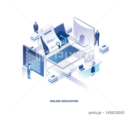 Online education isometric landing page. Concept of obtaining university or college degree via internet with tiny people around giant laptop with graduation cap and certificate. Vector illustration. Online education isometric landing page. Concept of obtaining university or college degree via internet with tiny people around giant laptop with graduation cap and certificate. Vector illustration. 140028081
