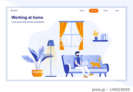 Working at home flat landing page. Coronavirus protection public health practice. Man working with laptop on sofa. Covid-19 pandemic risk vector illustration. Coronavirus prevention and safety. Working at home flat landing page. Coronavirus protection public health practice. Man working with laptop on sofa. Covid-19 pandemic risk vector illustration. Coronavirus prevention and safety. 140028089