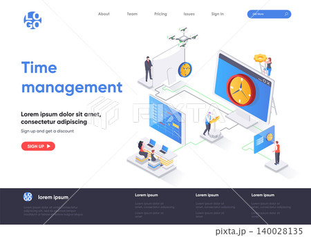 Time management isometric landing page. Effective planning workflow and performing tasks isometry concept. Adherence to deadlines, high work productivity. Vector illustration with people characters. Time management isometric landing page. Effective planning workflow and performing tasks isometry concept. Adherence to deadlines, high work productivity. Vector illustration with people characters. 140028135