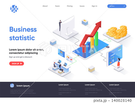 Business statistic isometric landing page. Statistical research isometry concept. Business consulting, financial accounting and analytics flat web page. Vector illustration with people characters. 140028140
