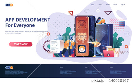 App development flat landing page template. Mobile application design, prototyping and programming web banner. Software engineering and full stack development. Web page vector illustration. 140028167