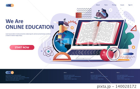 Online education flat landing page template. Distance learning service, professional courses and skills development web banner. Online studying 3d composition. Web page vector illustration. Online education flat landing page template. Distance learning service, professional courses and skills development web banner. Online studying 3d composition. Web page vector illustration. 140028172