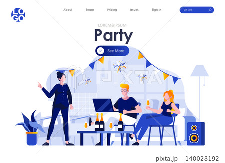 Home party flat landing page design. Happy friends having fun, talking and drinking champagne at home scene with header. Young people spending time together in apartment, enjoyment situation. Home party flat landing page design. Happy friends having fun, talking and drinking champagne at home scene with header. Young people spending time together in apartment, enjoyment situation. 140028192