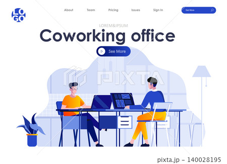 Coworking office flat landing page design. Young people working with computers in coworking openspace area scene with header. Business community, coworkers in contemporary workspace work situation. 140028195