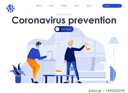Coronavirus prevention flat landing page design. Man washing hands, woman in medical mask with disinfectant scene with header. Coronavirus protection, hygiene and safety, home quarantine situation. 140028200
