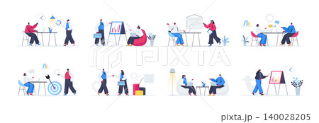 Bundle of business meeting scenes. Manager making presentation, businesspersons discuss business strategy flat vector illustration. Bundle of business meeting with people characters in situations. 140028205