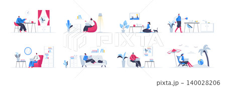 Bundle of freelance work scenes. Freelancer working with laptop in comfortable conditions at home, self-employed occupation flat vector illustration. Bundle of with freelancer characters in situations Bundle of freelance work scenes. Freelancer working with laptop in comfortable conditions at home, self-employed occupation flat vector illustration. Bundle of with freelancer characters in situations 140028206