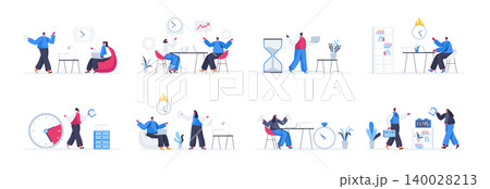Bundle of deadline scenes. Effective time management and productivity, stressful situation and overtime work flat vector illustration. Bundle of time limit with people characters in situations. Bundle of deadline scenes. Effective time management and productivity, stressful situation and overtime work flat vector illustration. Bundle of time limit with people characters in situations. 140028213