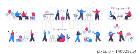 Bundle of birthday party scenes. Cheerful friends celebrating and congratulating, gift presenting and having fun flat vector illustration. Bundle of birthday event with people characters in situations Bundle of birthday party scenes. Cheerful friends celebrating and congratulating, gift presenting and having fun flat vector illustration. Bundle of birthday event with people characters in situations 140028214