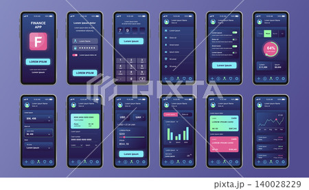 Finance services unique design kit for mobile app. Online banking screens with financial account and analytics. Money control and management UI, UX templates. GUI for responsive mobile application. 140028229