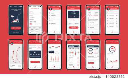Fitness workout unique design kit for mobile app. Fitness tracker screens with running route planner, analytics and burned calories. Sport UI, UX template set. GUI for responsive mobile application. Fitness workout unique design kit for mobile app. Fitness tracker screens with running route planner, analytics and burned calories. Sport UI, UX template set. GUI for responsive mobile application. 140028231