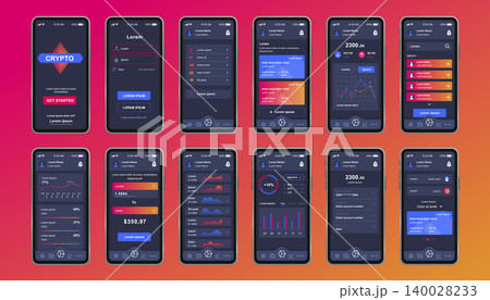Cryptocurrency unique design kit for mobile app. Bitcoin mining screen with financial graphs, accounting and investment. Cryptocurrency platform UI, UX templates. GUI for responsive mobile application 140028233