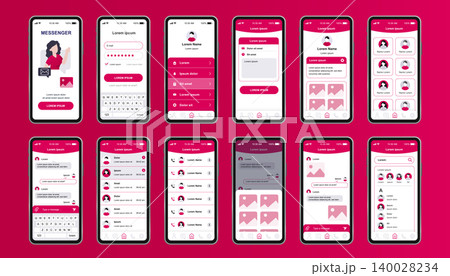 Online messenger unique design kit for app. Social network screens with user menu with avatar, contacts, chat with keyboard. Mobile messenger UI, UX template set. GUI for responsive mobile application 140028234