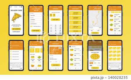Delivery food unique design kit for app. Online pizzeria screens with food menu, order and payment. Express delivery and catering service UI, UX template set. GUI for responsive mobile application. Delivery food unique design kit for app. Online pizzeria screens with food menu, order and payment. Express delivery and catering service UI, UX template set. GUI for responsive mobile application. 140028235