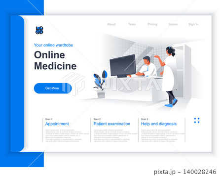 Online medicine isometric landing page. Doctor working with computer in office situation. Patient diagnosis and treatment, laboratory examination and medical appointment perspective flat design. 140028246