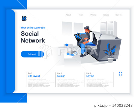 Social network isometric landing page. Woman working with laptop on sofa at home situation. Internet communication, social media content sharing and online messaging perspective flat design. Social network isometric landing page. Woman working with laptop on sofa at home situation. Internet communication, social media content sharing and online messaging perspective flat design. 140028248