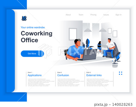 Coworking office isometric landing page. People working with computers in coworking open space area situation. Modern business community, coworkers in contemporary workspace perspective flat design. Coworking office isometric landing page. People working with computers in coworking open space area situation. Modern business community, coworkers in contemporary workspace perspective flat design. 140028263