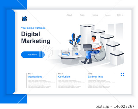 Digital marketing isometric landing page. Marketer working with laptop in office situation. Digital marketing, SMM and SEO, website content promotion and social media manage perspective flat design. Digital marketing isometric landing page. Marketer working with laptop in office situation. Digital marketing, SMM and SEO, website content promotion and social media manage perspective flat design. 140028267