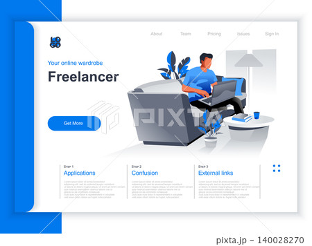 Freelance job isometric landing page. Young man working with laptop in comfortable conditions at home office situation. Remote work at company and self-employed occupation perspective flat design. 140028270